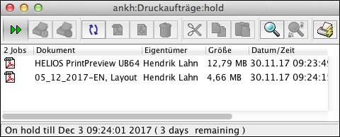 Liste der Druckaufträge der Warteschlange „hold“ auf Host „ankh“