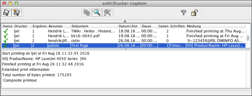 Drucker-Logdatei und dazugehörige Meldungen