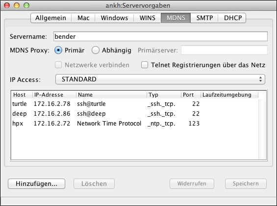 Registerkarte <code>MDNS</code> im Fenster „Servervorgaben“