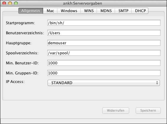 Fenster „Servervorgaben“