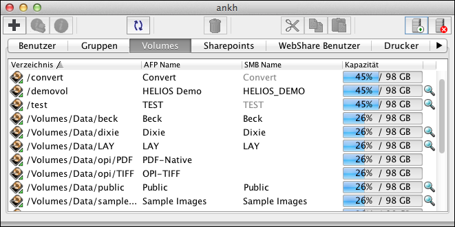 HELIOS Admin – Registerkarte <code>Volumes</code>