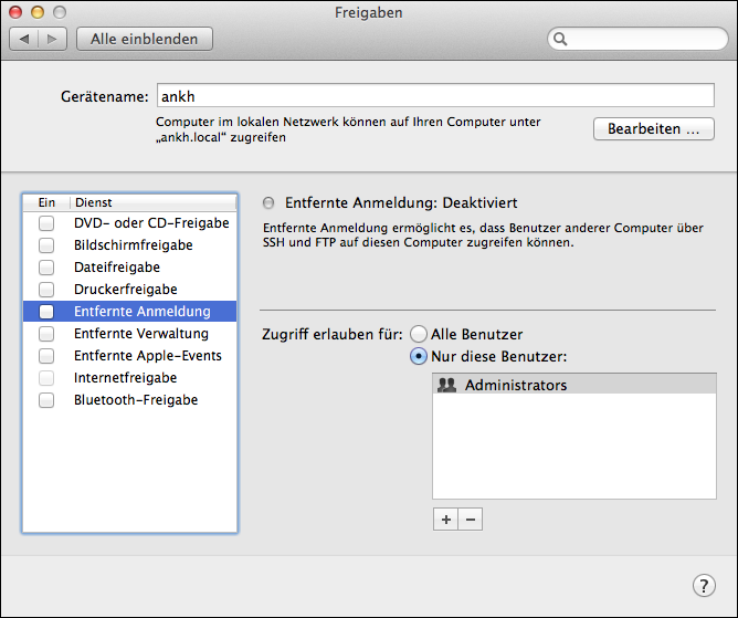 OS X: <code>Gerätename</code> im Fenster „Freigaben“