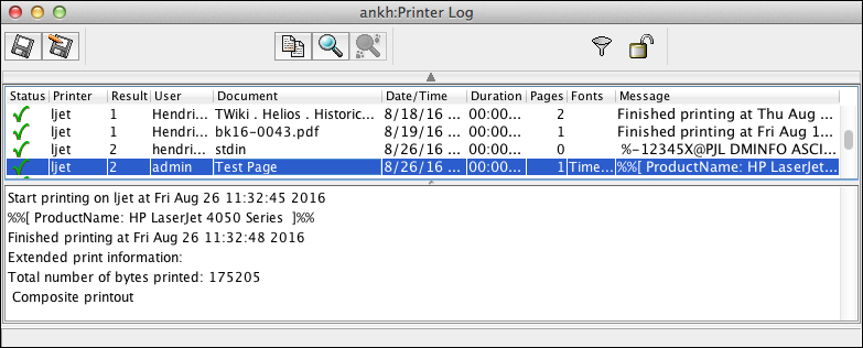 Printer log file and corresponding message file