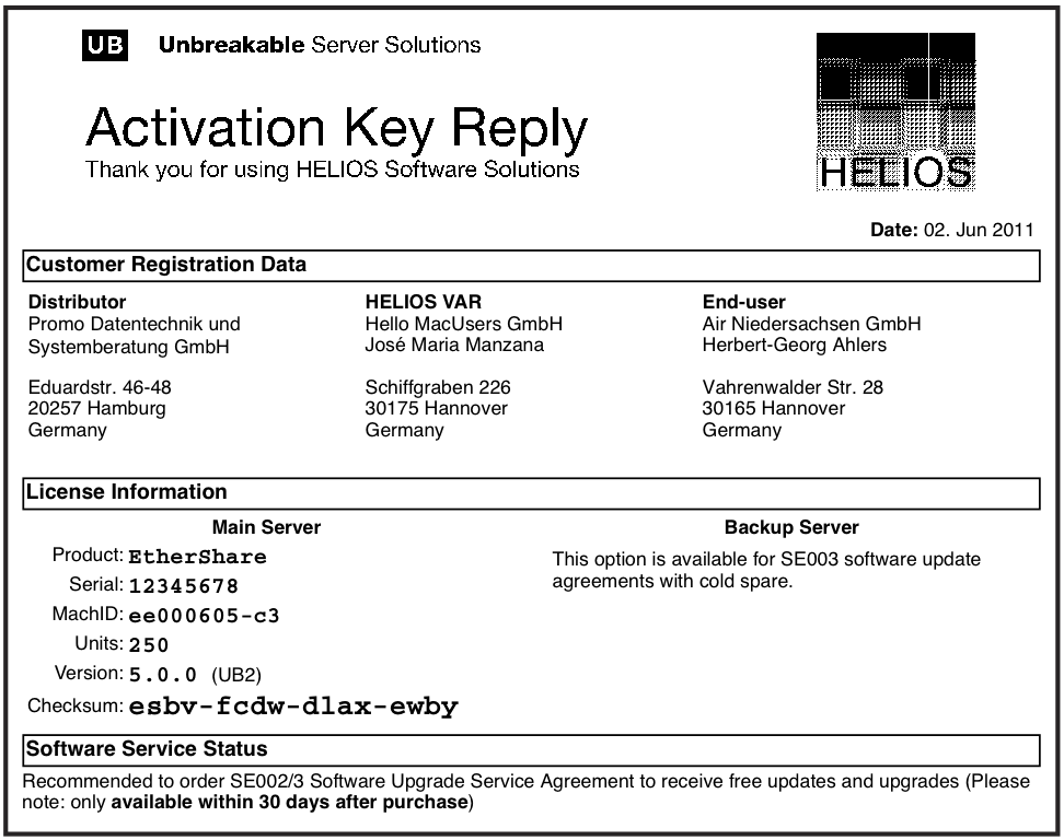 Example
of an “Activation Key Reply” form for EtherShare (250 user license)
