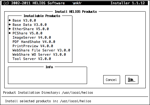 “Install HELIOS Products” dialog