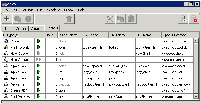 HELIOS Admin <code>Printers</code> list