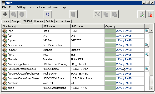 HELIOS Admin <code>Volumes</code> list