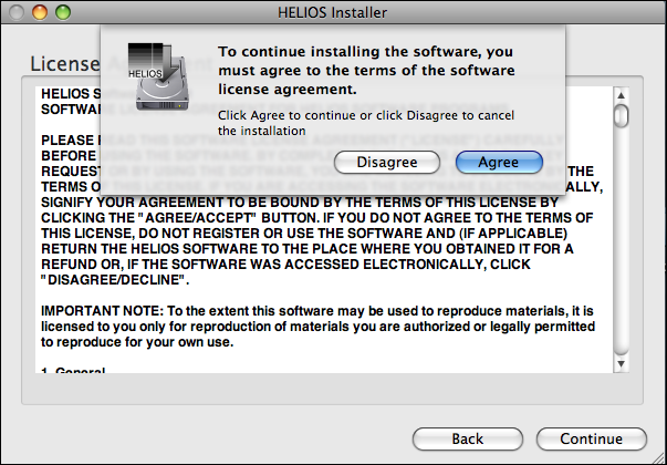 The HELIOS Installer “License Agreement”