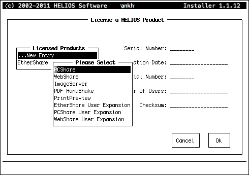 “License a HELIOS Product” dialog