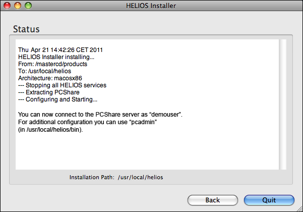 The HELIOS Installer “Status” dialog
