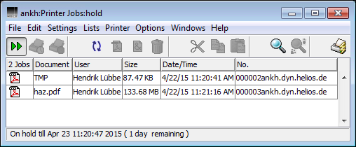 List of jobs for printer queue “hold” on host “ankh”