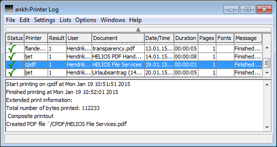 Printer log file and corresponding message file