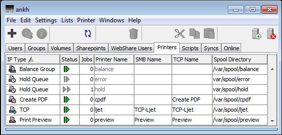 HELIOS Admin <code>Printers</code> list