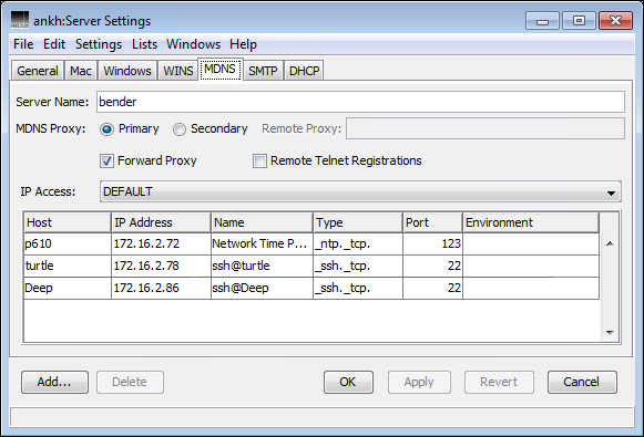 <code>MDNS</code> tab in the “Server Settings” dialog