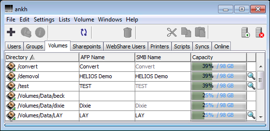 HELIOS Admin <code>Volumes</code> list