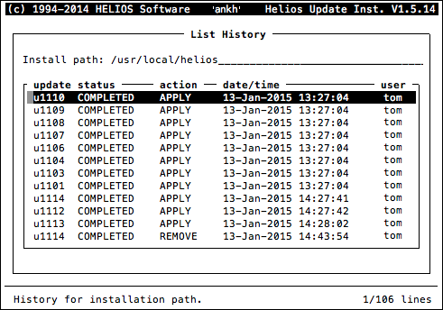 HELIOS Update Installer – List History