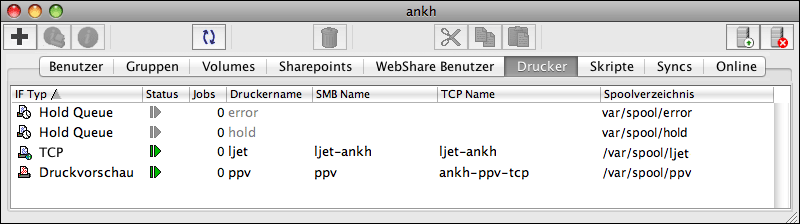 Liste <code>Drucker</code> auf dem Host „ankh“
