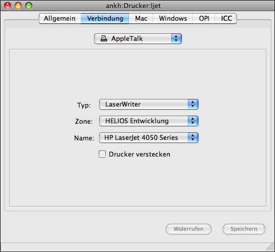 <code>AppleTalk</code> Verbindung für den Drucker „ljet“ auf dem Host „ankh“