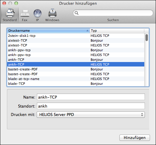 Warteschlange für „HELIOS TCP Printer“ auswählen (OS X ab 10.7)