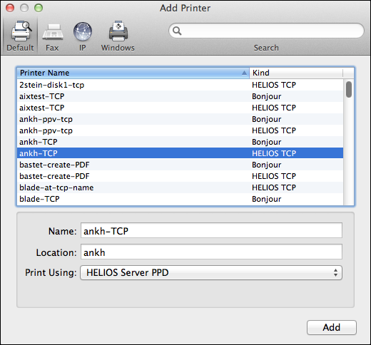 Select printer queue for “HELIOS TCP Printer” (OS X 10.7 and higher)