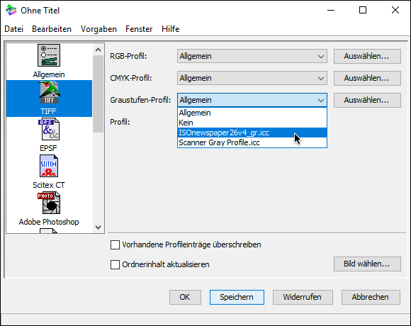 Einstellungen für das Format TIFF in einer ICC-Infodatei