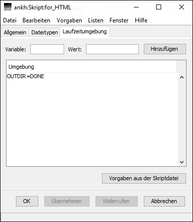 HELIOS Admin Fenster „Skript“ – Registerkarte <code>Laufzeitumgebung</code>