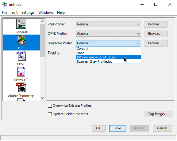 Setting “TIFF” options for a new ICC info file