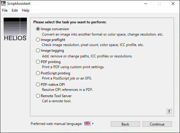 The ScriptAssistant task selection dialog