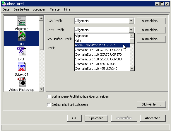 Einstellungen für das Format TIFF in einer ICC-Infodatei
