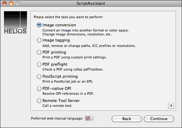 The ScriptAssistant task selection dialog