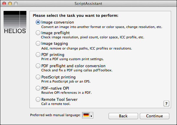 Aufgabenauswahl im ScriptAssistant Dialog