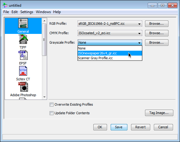 Setting general options for a new ICC info file