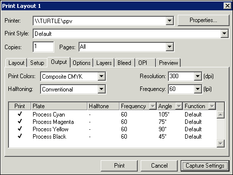 “Ouput” tab in QuarkXPress “Print” dialog