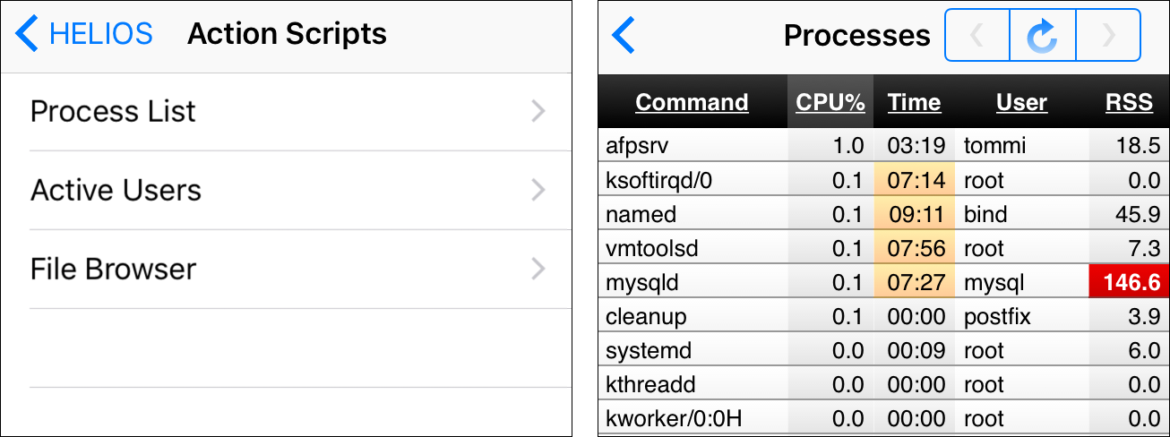 Action scripts and “Process List” action
script (<em>right</em>)