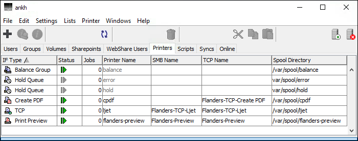 <code>Printers</code> list on host “ankh”