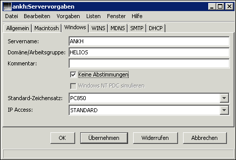 Fenster “Servervorgaben”