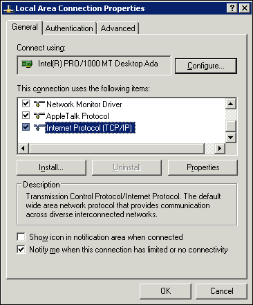 “Local Area Connection Properties” window