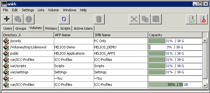 <code>Volumes</code> list on host “ankh”