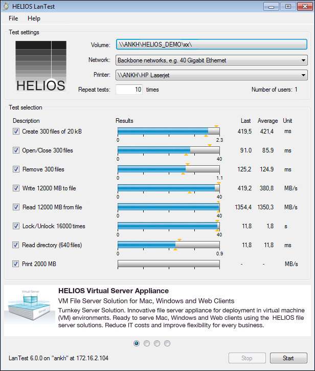 HELIOS LanTest dialog