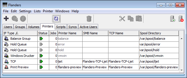 <code>Printers</code> list on host “Flanders”