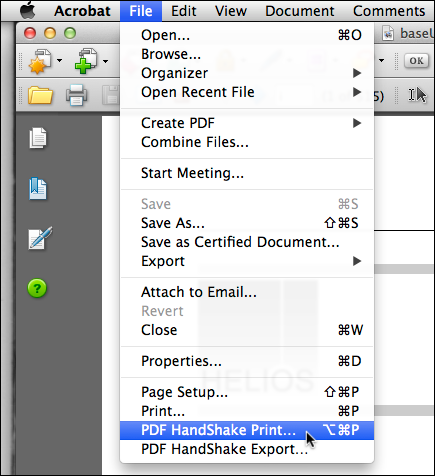 Selecting <code>PDF HandShake Print...</code> from the menu