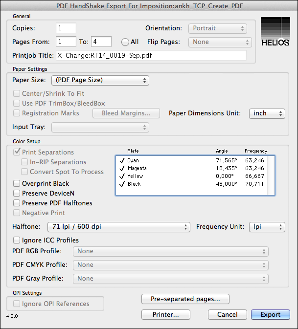 The “Export for Imposition” dialog (pre-separated file)