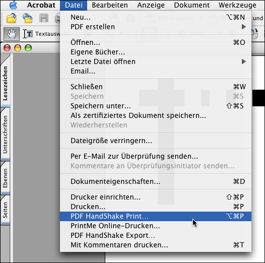 Dialog <code>PDF HandShake Print...</code> aus dem Menü öffnen