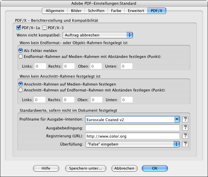 Einstellungen <code>PDF/X</code>