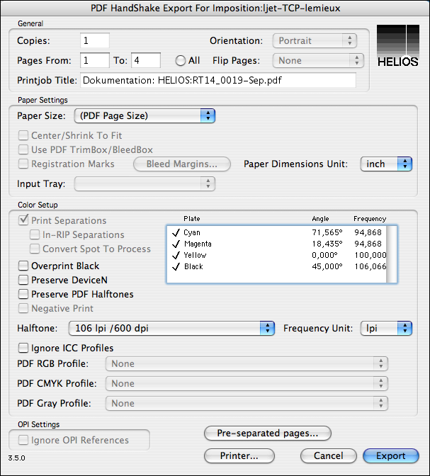 Dialog „Export for Imposition“ (für ein vorsepariertes Dokument)