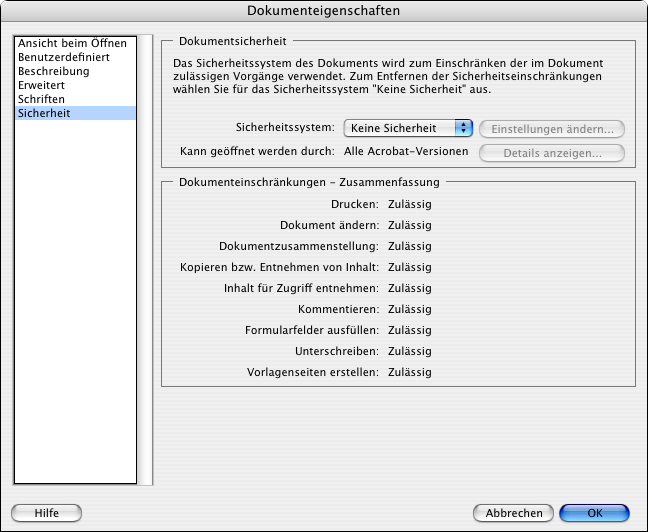 Sicherheitsoptionen in Acrobat