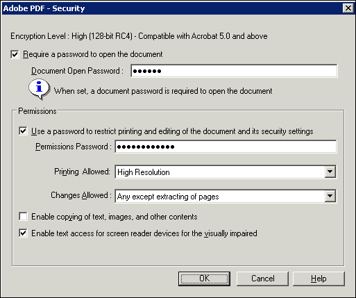 Acrobat Distiller “Security” dialog