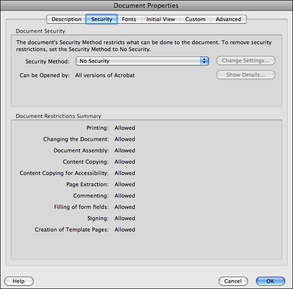 Checking security options with Acrobat