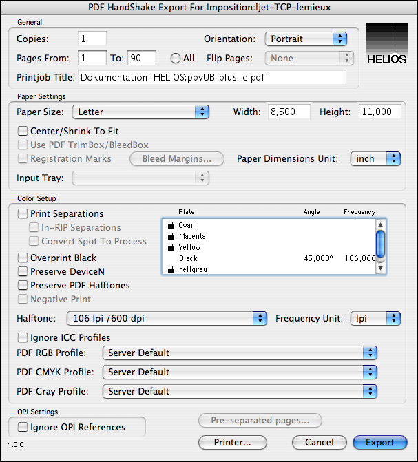 Dialog „Export for Imposition“ (für ein Composite Dokument)