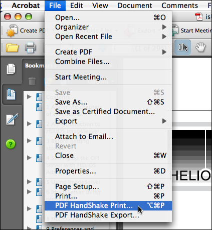 Selecting <code>PDF HandShake Print...</code> from the menu